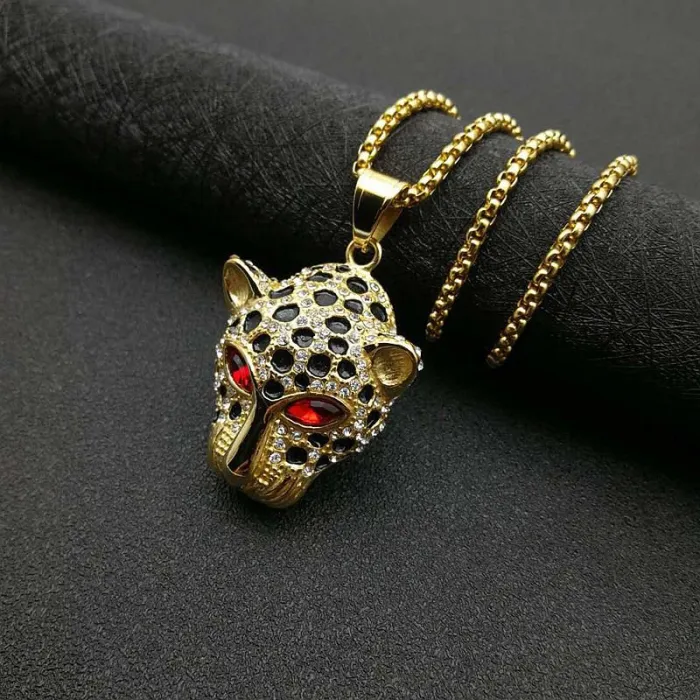 Wholesale HIPHOP Leopard Head Pendant Necklace – Gold-Plated Titanium Steel with Rhinestones | Bling Street Jewelry Supplier