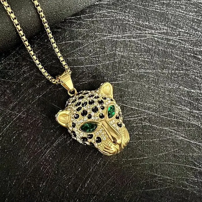 Wholesale HIPHOP Leopard Head Pendant Necklace – Gold-Plated Titanium Steel with Rhinestones | Bling Street Jewelry Supplier