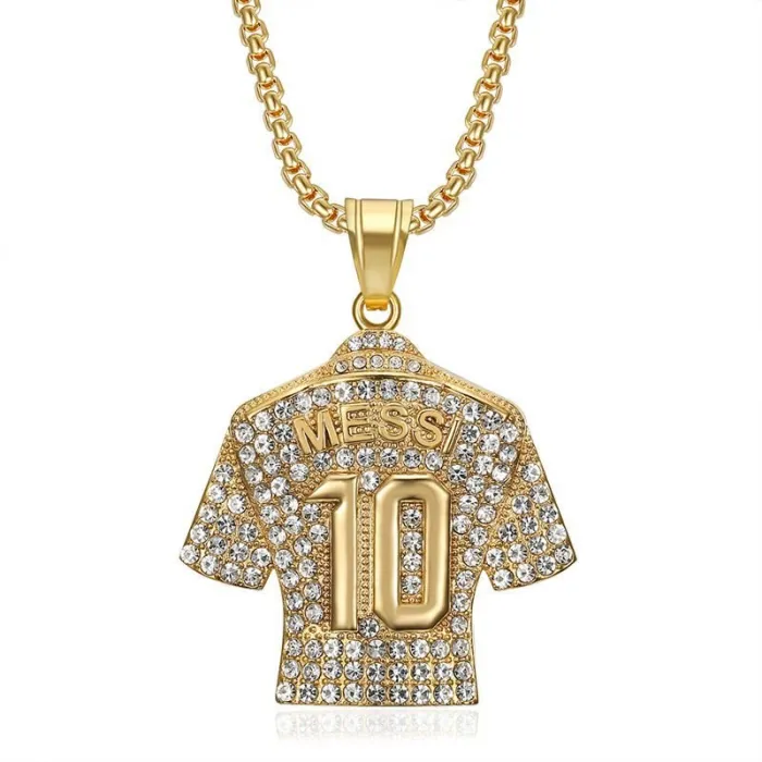 Wholesale HIPHOP Messi #10 Jersey Pendant – Gold-Plated Titanium Steel Football Necklace with Rhinestones | Bling Jewelry Supplier