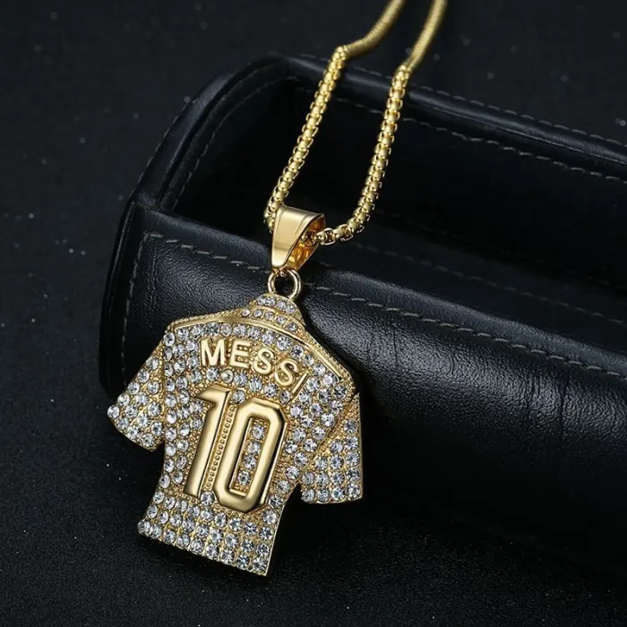 Wholesale HIPHOP Messi #10 Jersey Pendant – Gold-Plated Titanium Steel Football Necklace with Rhinestones | Bling Jewelry Supplier