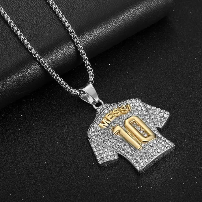 Wholesale HIPHOP Messi #10 Jersey Pendant – Gold-Plated Titanium Steel Football Necklace with Rhinestones | Bling Jewelry Supplier