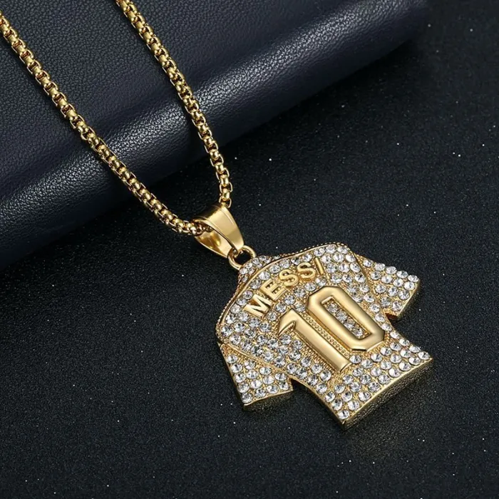 Wholesale HIPHOP Messi #10 Jersey Pendant – Gold-Plated Titanium Steel Football Necklace with Rhinestones | Bling Jewelry Supplier