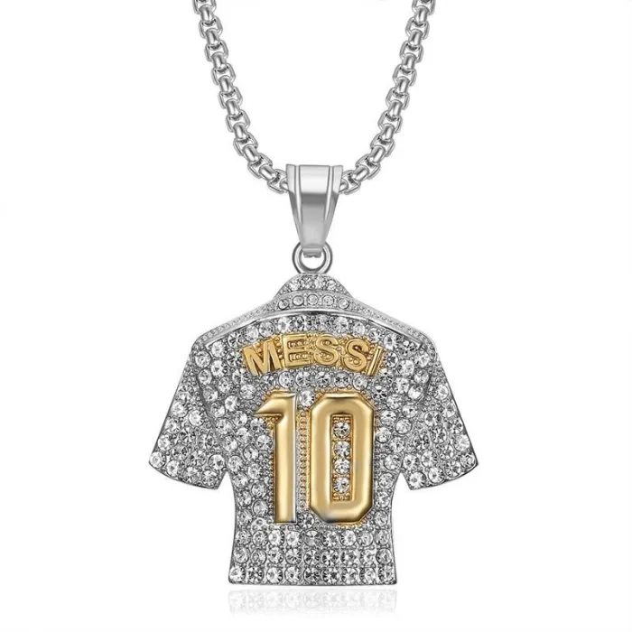 Wholesale HIPHOP Messi #10 Jersey Pendant – Gold-Plated Titanium Steel Football Necklace with Rhinestones | Bling Jewelry Supplier