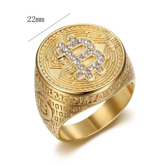 Wholesale HIPHOP Bitcoin Rings for Men – Gold-Plated Titanium Steel with Rhinestones | Crypto Bling Jewelry Supplier