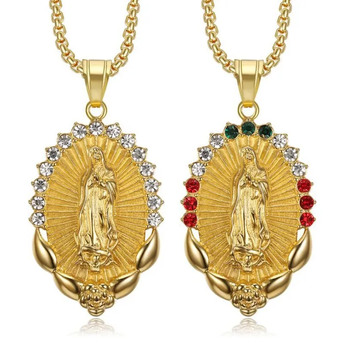 Wholesale Virgin Mary Pendant Necklace – Stainless Steel Unisex Chain with Colorful Rhinestones | Religious Jewelry Supplier