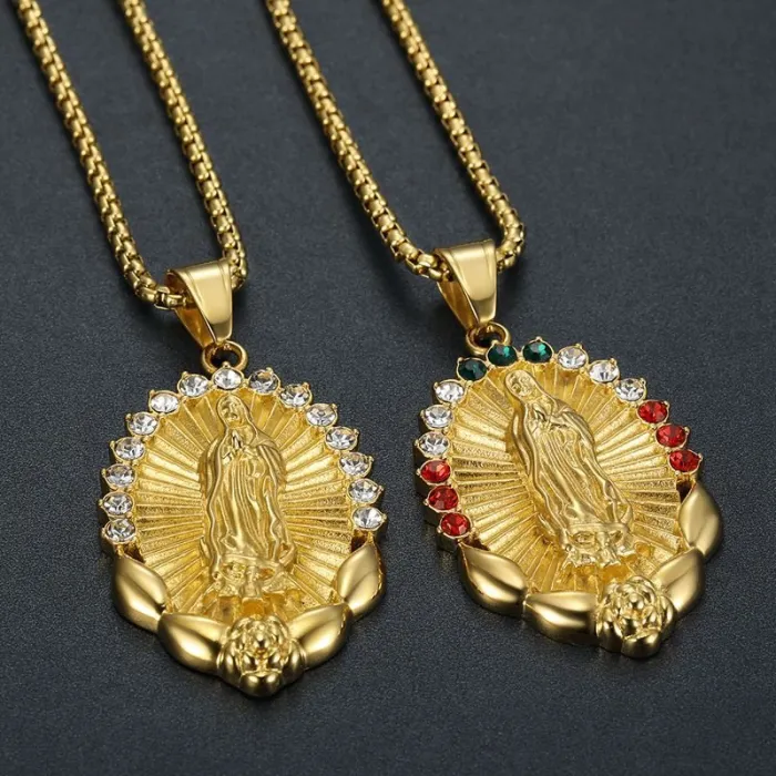 Wholesale Virgin Mary Pendant Necklace – Stainless Steel Unisex Chain with Colorful Rhinestones | Religious Jewelry Supplier