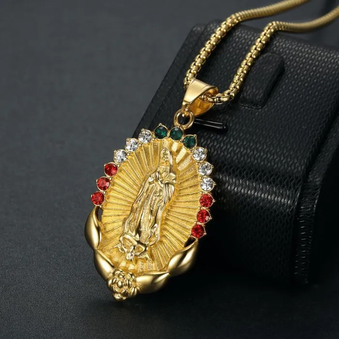 Wholesale Virgin Mary Pendant Necklace – Stainless Steel Unisex Chain with Colorful Rhinestones | Religious Jewelry Supplier