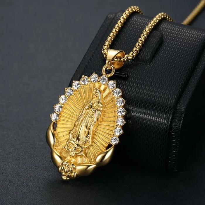 Wholesale Virgin Mary Pendant Necklace – Stainless Steel Unisex Chain with Colorful Rhinestones | Religious Jewelry Supplier