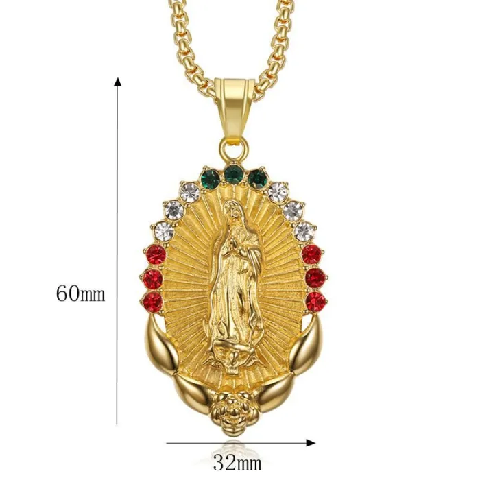 Wholesale Virgin Mary Pendant Necklace – Stainless Steel Unisex Chain with Colorful Rhinestones | Religious Jewelry Supplier
