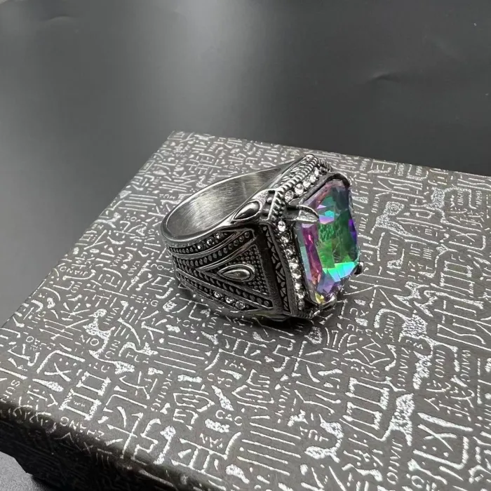 Wholesale Punk Rainbow Stone Ring for Men – Polished Titanium Steel with Colorful CZ Crystals | Vintage HIPHOP Jewelry Supplier
