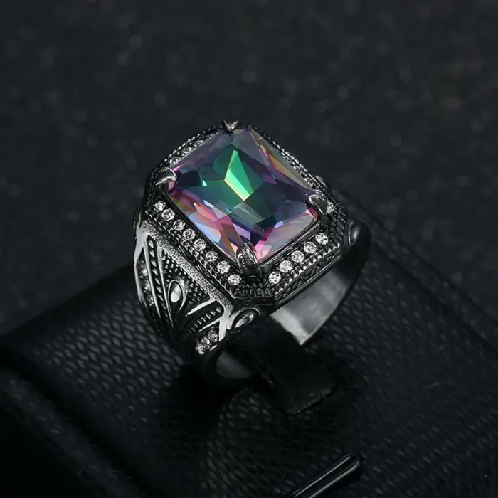 Wholesale Punk Rainbow Stone Ring for Men – Polished Titanium Steel with Colorful CZ Crystals | Vintage HIPHOP Jewelry Supplier