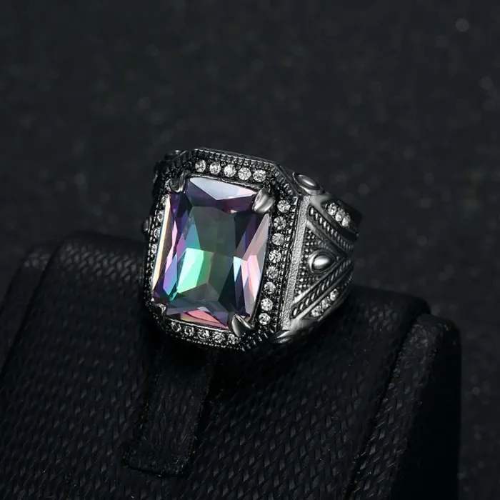 Wholesale Punk Rainbow Stone Ring for Men – Polished Titanium Steel with Colorful CZ Crystals | Vintage HIPHOP Jewelry Supplier