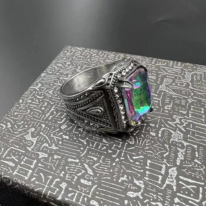 Wholesale Punk Rainbow Stone Ring for Men – Polished Titanium Steel with Colorful CZ Crystals | Vintage HIPHOP Jewelry Supplier