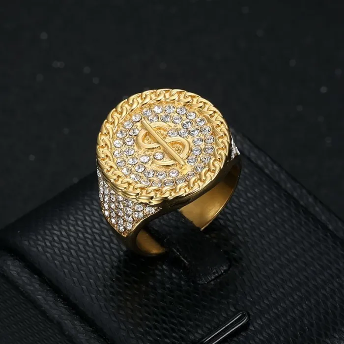 Wholesale HIPHOP Dollar Sign Ring for Men – Gold-Plated Titanium Steel with Rhinestones | Nightclub Bling Jewelry Supplier