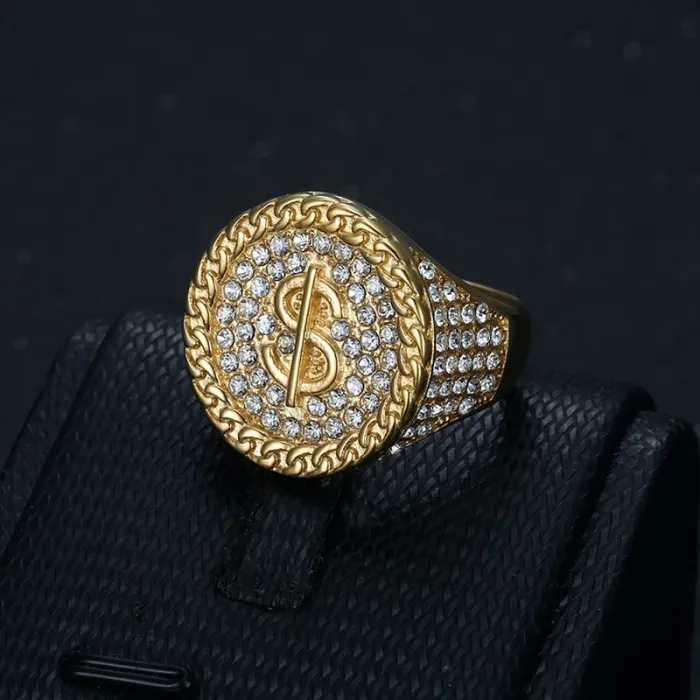 Wholesale HIPHOP Dollar Sign Ring for Men – Gold-Plated Titanium Steel with Rhinestones | Nightclub Bling Jewelry Supplier