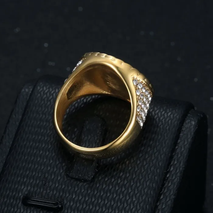 Wholesale HIPHOP Dollar Sign Ring for Men – Gold-Plated Titanium Steel with Rhinestones | Nightclub Bling Jewelry Supplier
