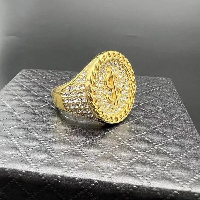 Wholesale HIPHOP Dollar Sign Ring for Men – Gold-Plated Titanium Steel with Rhinestones | Nightclub Bling Jewelry Supplier