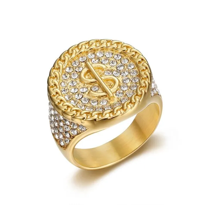Wholesale HIPHOP Dollar Sign Ring for Men – Gold-Plated Titanium Steel with Rhinestones | Nightclub Bling Jewelry Supplier