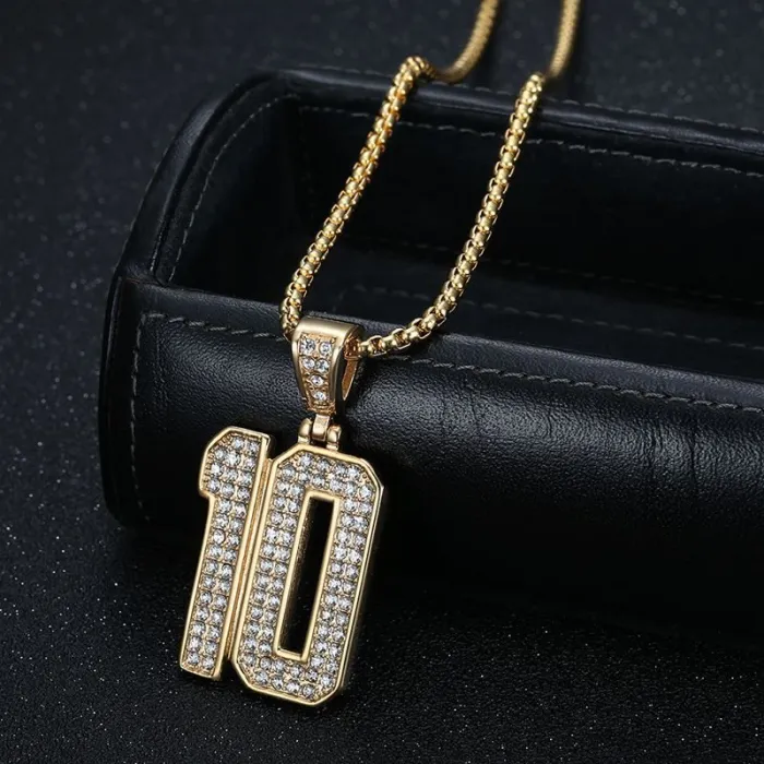 Wholesale HIPHOP Number 10 Pendant Necklace – Gold-Plated Stainless Steel with Rhinestones | Bling Streetwear Jewelry Supplier