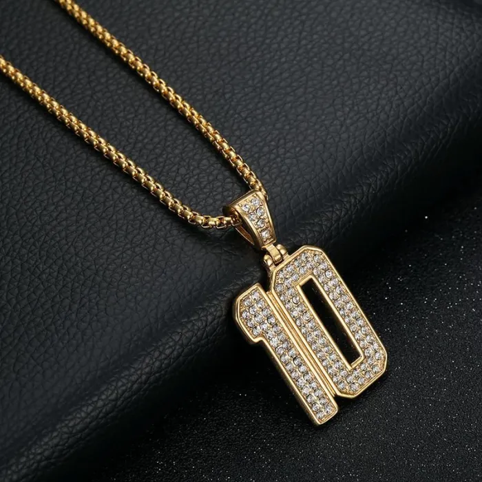 Wholesale HIPHOP Number 10 Pendant Necklace – Gold-Plated Stainless Steel with Rhinestones | Bling Streetwear Jewelry Supplier