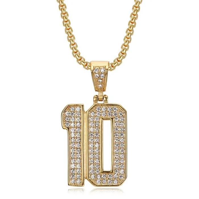 Wholesale HIPHOP Number 10 Pendant Necklace – Gold-Plated Stainless Steel with Rhinestones | Bling Streetwear Jewelry Supplier