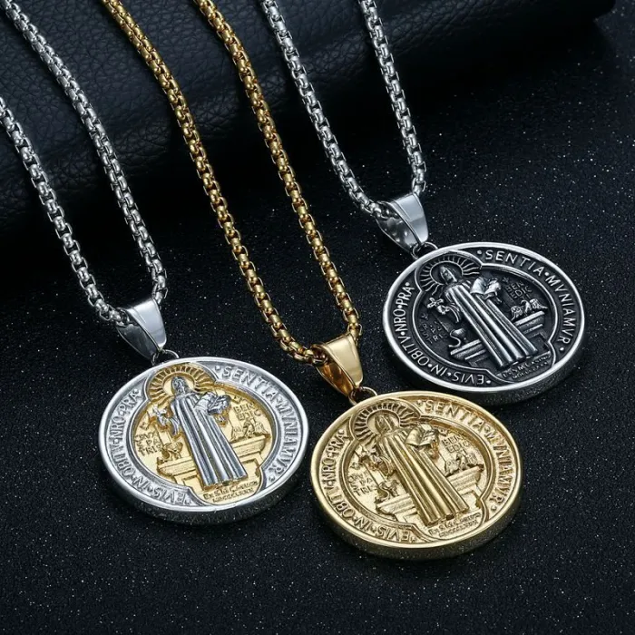 Wholesale Saint Benedict Pendant Necklace – HIPHOP Gold-Plated Titanium Steel Exorcism Medal | Faith Jewelry Supplier