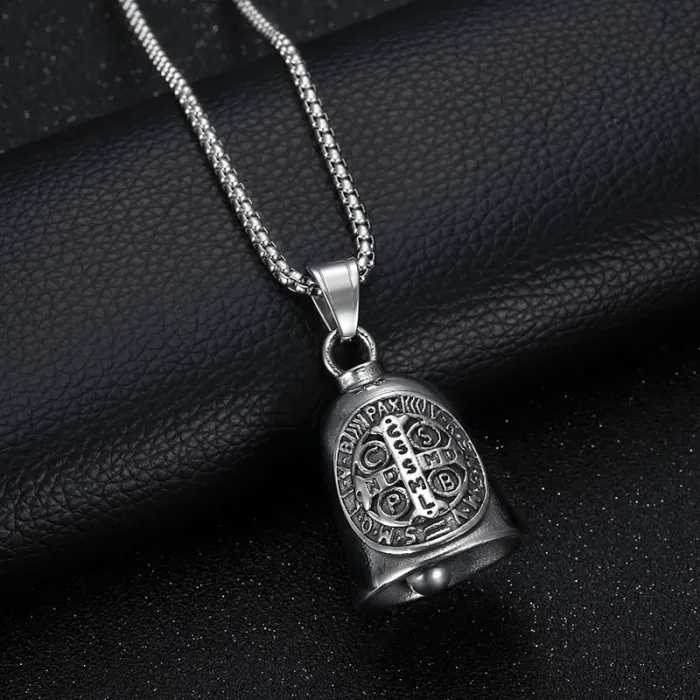 Wholesale Black Saint Benedict Bell Pendant – Polished Titanium Steel Exorcism Charm for Bikers | Riding Protection Jewelry Supplier