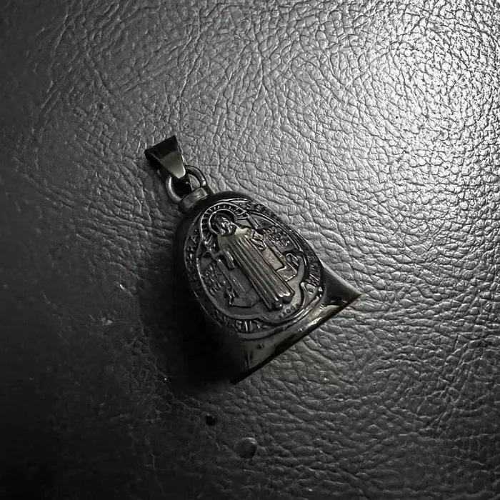Wholesale Black Saint Benedict Bell Pendant – Polished Titanium Steel Exorcism Charm for Bikers | Riding Protection Jewelry Supplier