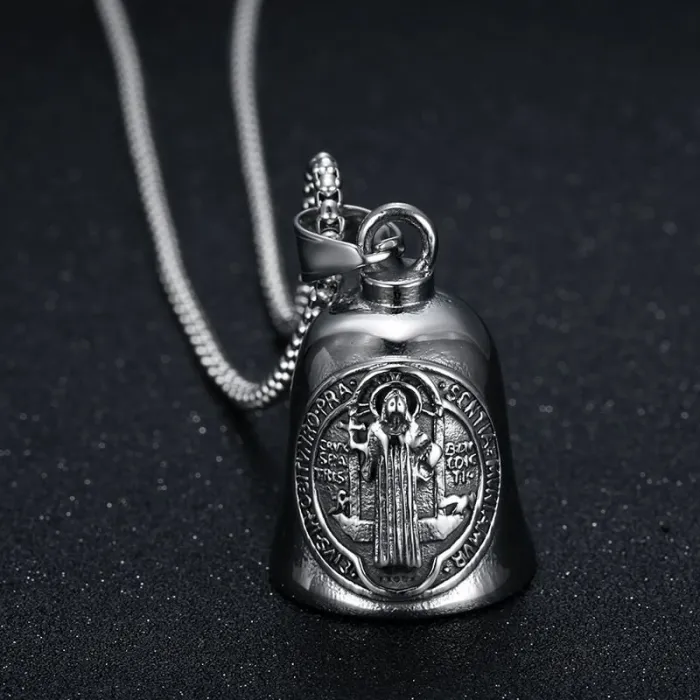 Wholesale Black Saint Benedict Bell Pendant – Polished Titanium Steel Exorcism Charm for Bikers | Riding Protection Jewelry Supplier