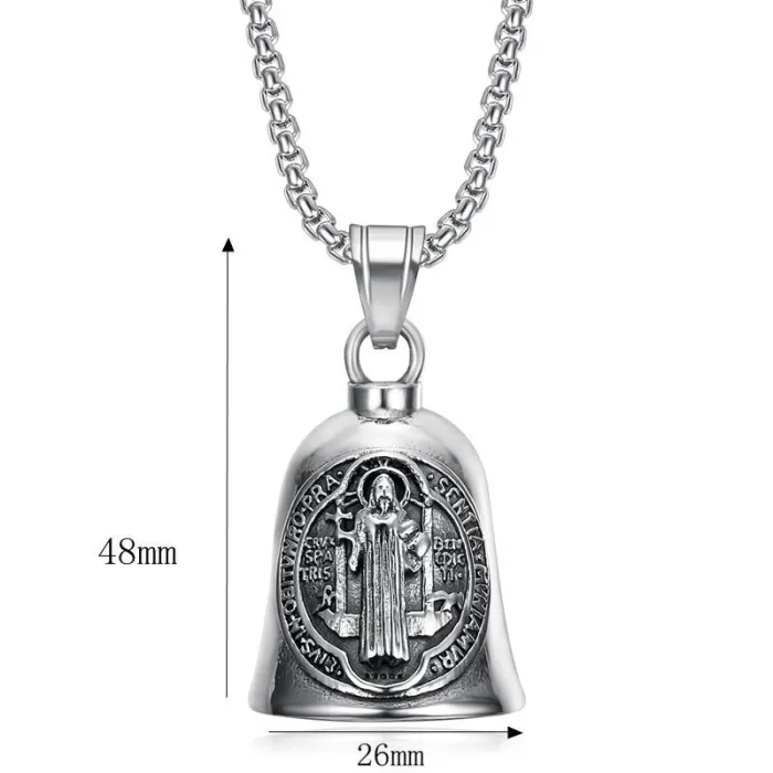 Wholesale Black Saint Benedict Bell Pendant – Polished Titanium Steel Exorcism Charm for Bikers | Riding Protection Jewelry Supplier