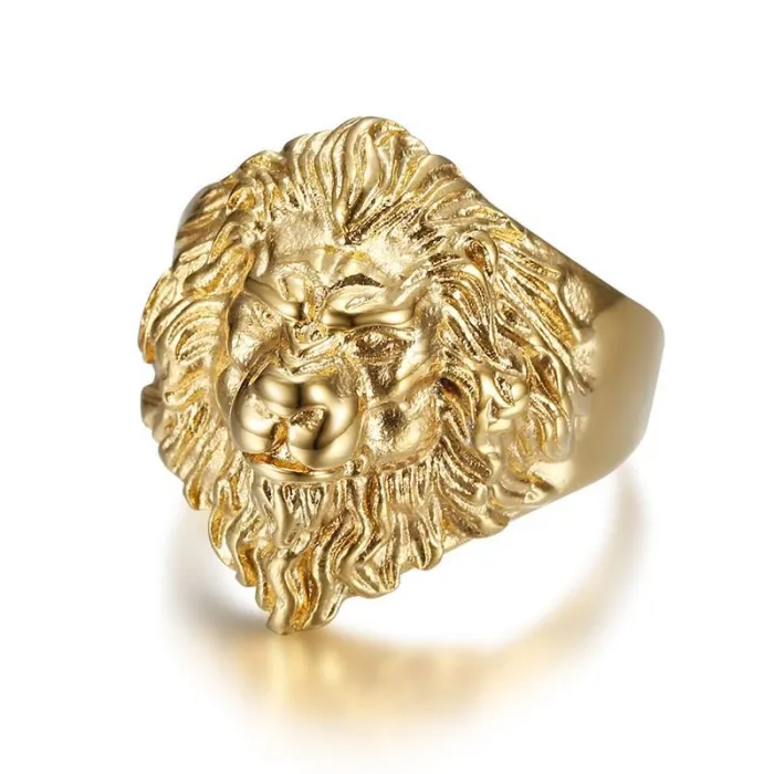 Wholesale HIPHOP Lion Head Ring for Men – Bold Gold-Plated Titanium Steel Bling Jewelry | Streetwear Supplier
