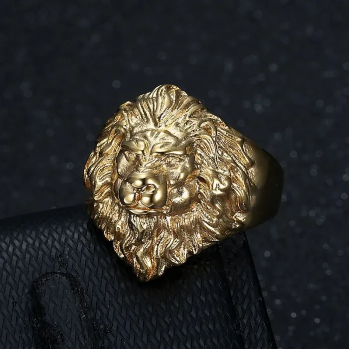 Wholesale HIPHOP Lion Head Ring for Men – Bold Gold-Plated Titanium Steel Bling Jewelry | Streetwear Supplier