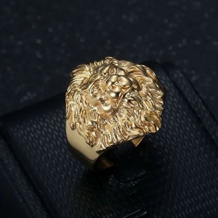 Wholesale HIPHOP Lion Head Ring for Men – Bold Gold-Plated Titanium Steel Bling Jewelry | Streetwear Supplier