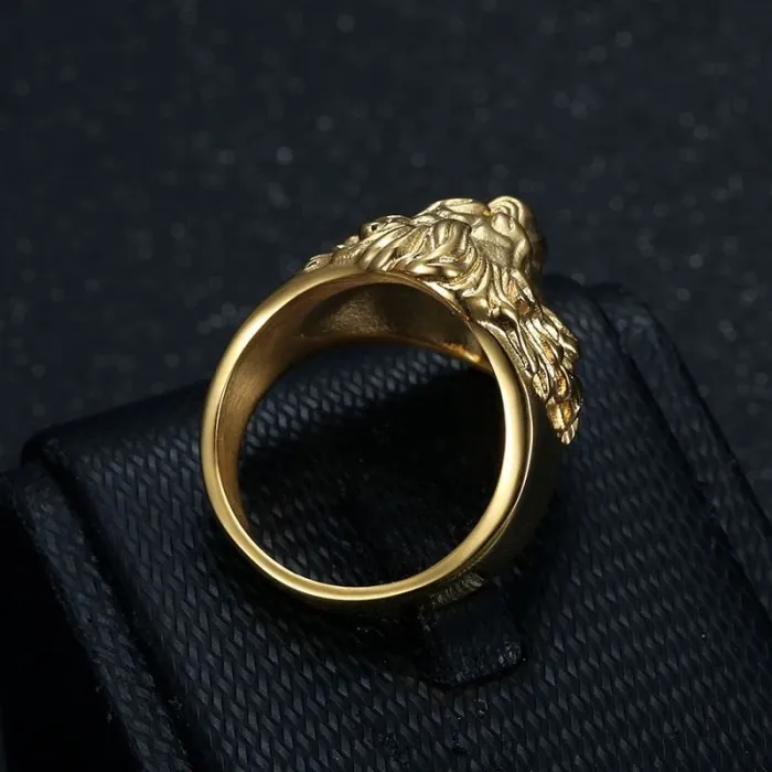 Wholesale HIPHOP Lion Head Ring for Men – Bold Gold-Plated Titanium Steel Bling Jewelry | Streetwear Supplier