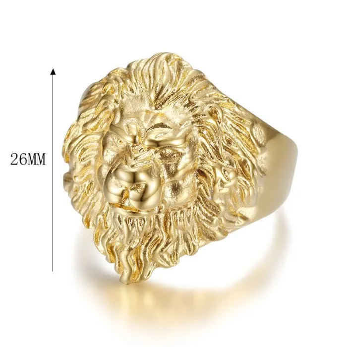 Wholesale HIPHOP Lion Head Ring for Men – Bold Gold-Plated Titanium Steel Bling Jewelry | Streetwear Supplier