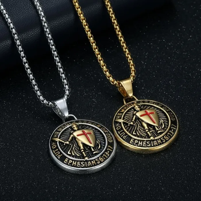 Wholesale Templar Knight Pendant Necklace – Medieval Gold-Plated Titanium Steel with Epoxy Inlay | Gothic Vintage Jewelry Supplier