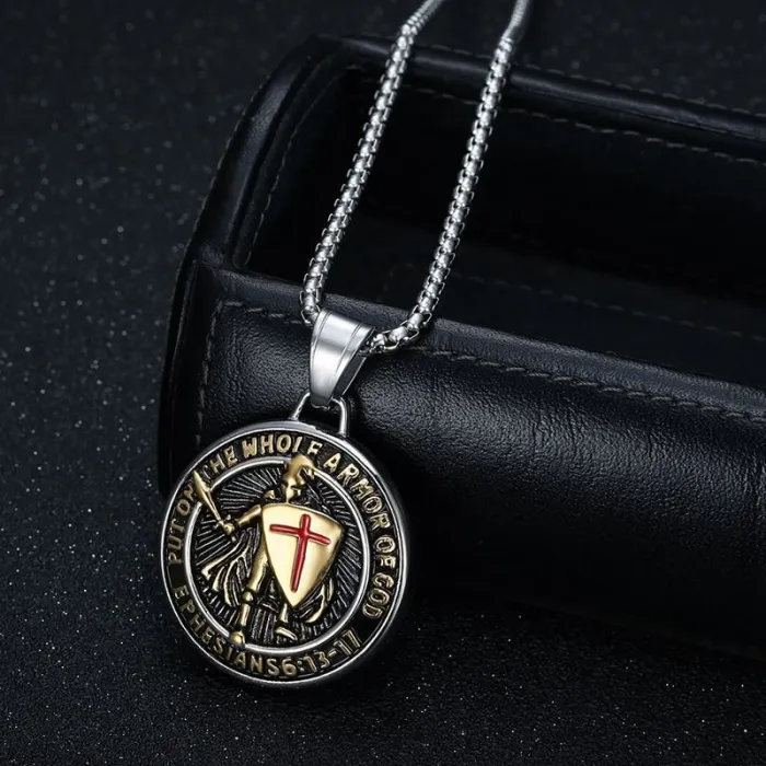 Wholesale Templar Knight Pendant Necklace – Medieval Gold-Plated Titanium Steel with Epoxy Inlay | Gothic Vintage Jewelry Supplier