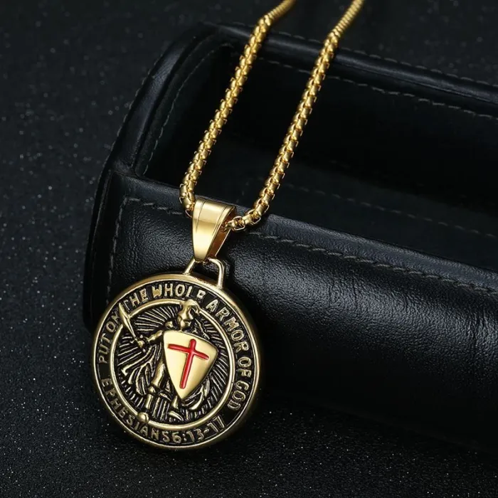 Wholesale Templar Knight Pendant Necklace – Medieval Gold-Plated Titanium Steel with Epoxy Inlay | Gothic Vintage Jewelry Supplier
