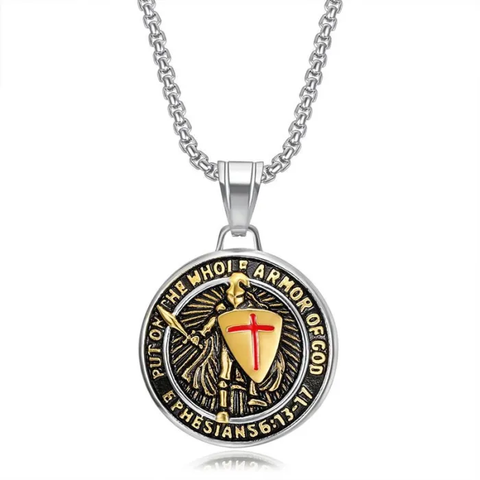 Wholesale Templar Knight Pendant Necklace – Medieval Gold-Plated Titanium Steel with Epoxy Inlay | Gothic Vintage Jewelry Supplier