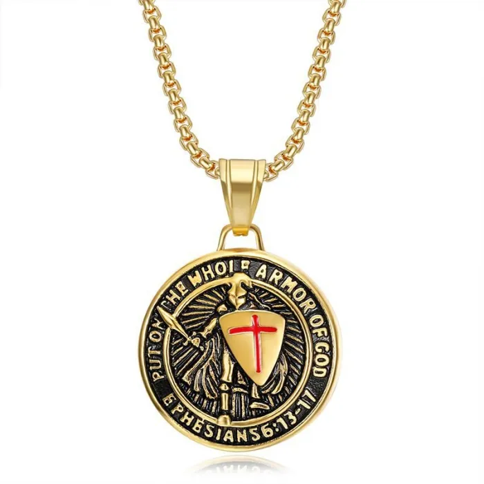 Wholesale Templar Knight Pendant Necklace – Medieval Gold-Plated Titanium Steel with Epoxy Inlay | Gothic Vintage Jewelry Supplier