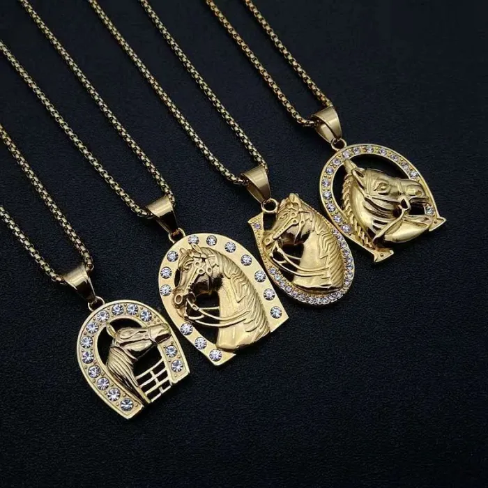 Wholesale Hip Hop Horse Pendant – Bulk Gold-Plated Titanium Steel Necklace with Rhinestones