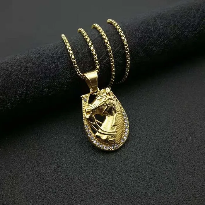 Wholesale Hip Hop Horse Pendant – Bulk Gold-Plated Titanium Steel Necklace with Rhinestones