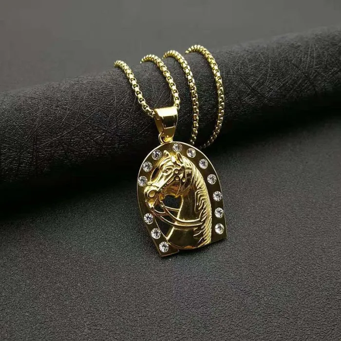 Wholesale Hip Hop Horse Pendant – Bulk Gold-Plated Titanium Steel Necklace with Rhinestones