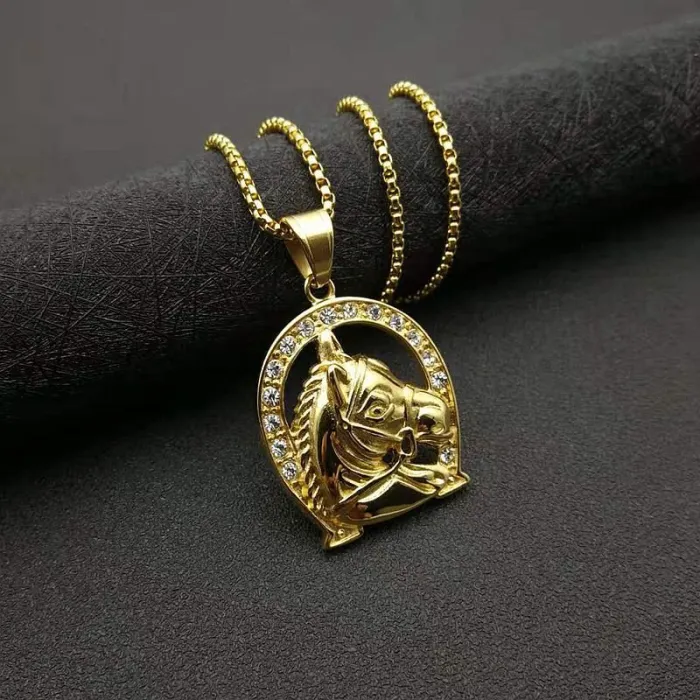 Wholesale Hip Hop Horse Pendant – Bulk Gold-Plated Titanium Steel Necklace with Rhinestones
