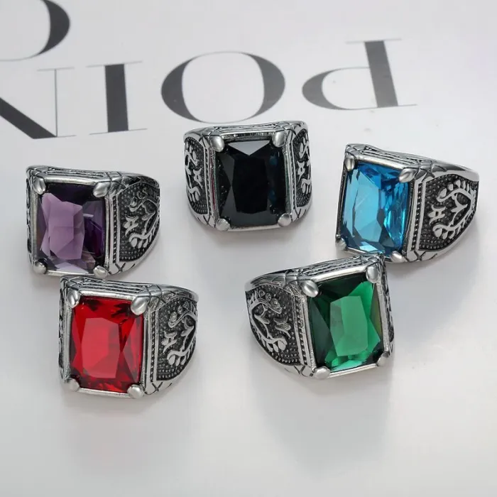 Wholesale Punk Tulip Ring for Men – Bulk Stainless Steel Vintage Rings with Multicolor Glass Stones