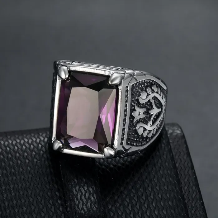 Wholesale Punk Tulip Ring for Men – Bulk Stainless Steel Vintage Rings with Multicolor Glass Stones
