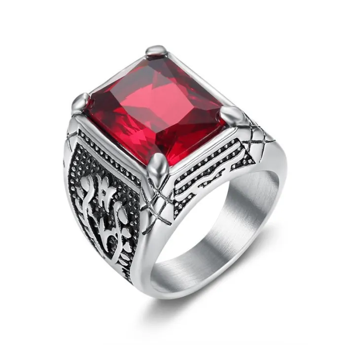 Wholesale Punk Tulip Ring for Men – Bulk Stainless Steel Vintage Rings with Multicolor Glass Stones