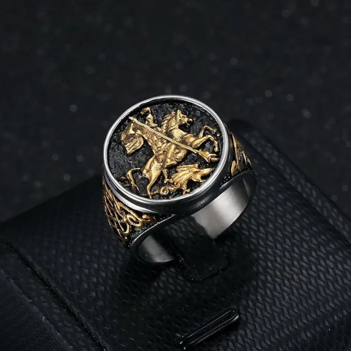 Wholesale Saint George Dragon Slayer Ring – Bulk Gold-Plated Titanium/Stainless Steel Men's Ring