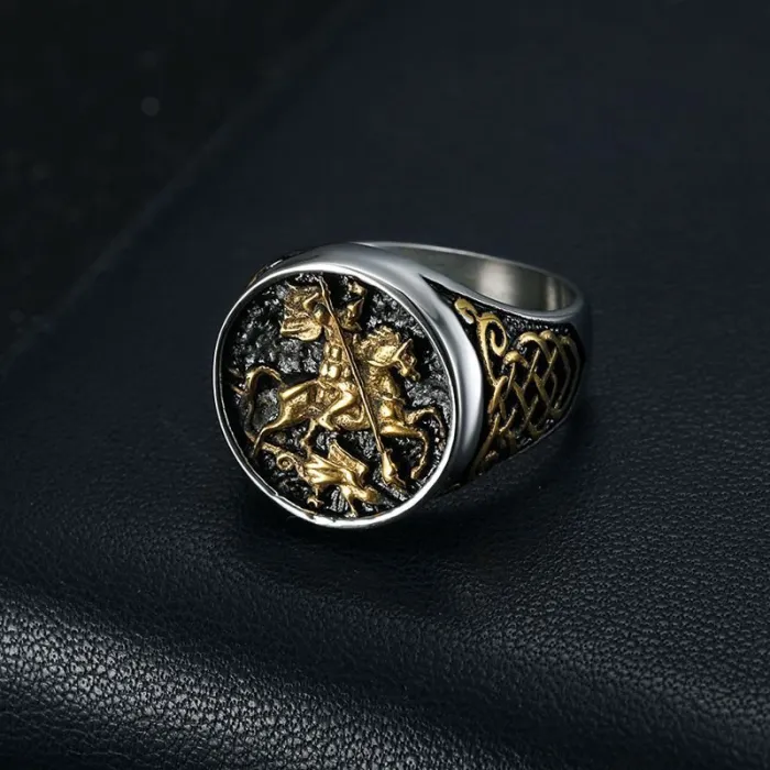 Wholesale Saint George Dragon Slayer Ring – Bulk Gold-Plated Titanium/Stainless Steel Men's Ring