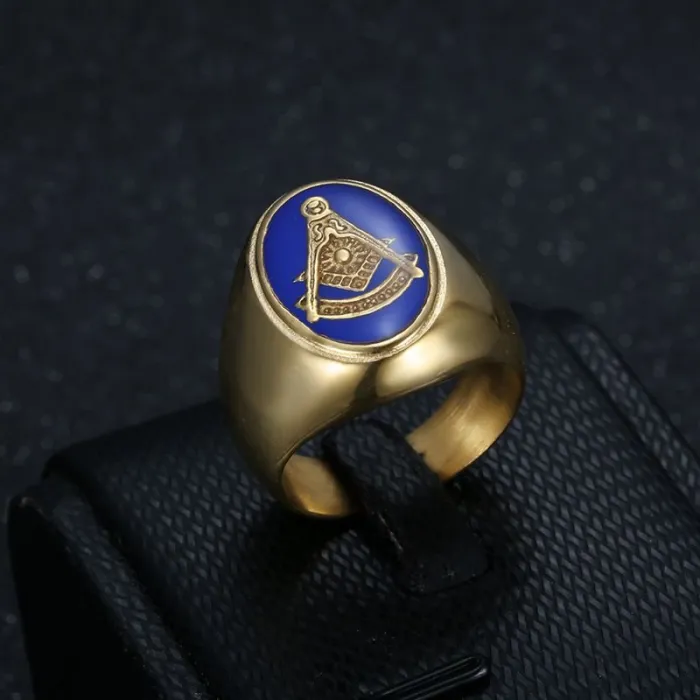 Wholesale Masonic AG Ring for Men – Bulk Gold-Plated Stainless Steel Blue Epoxy Freemason Jewelry